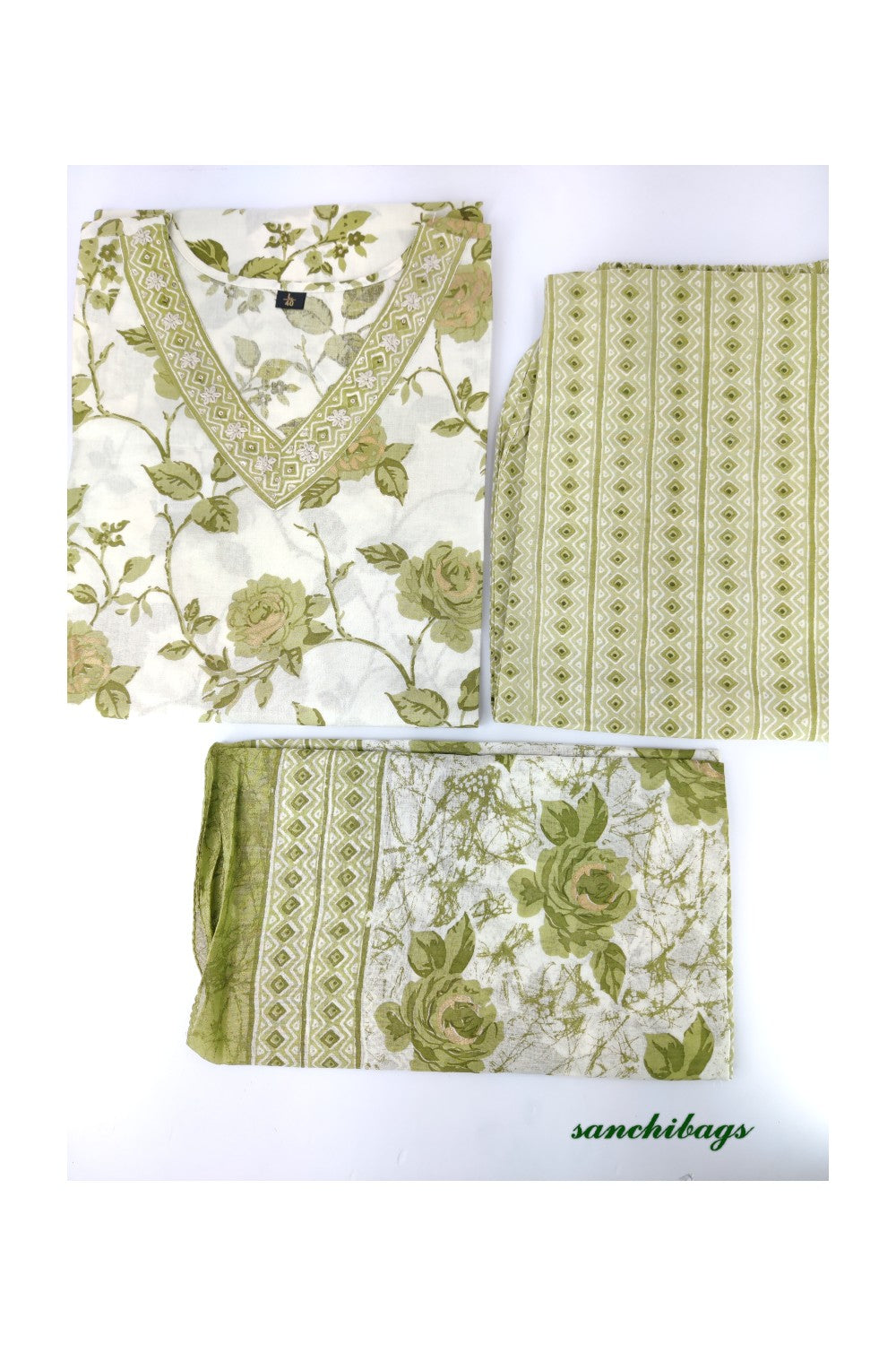 White Salwar Set with Green Floral Print