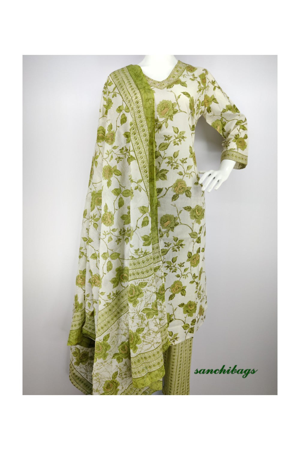 White Salwar Set with Green Floral Print