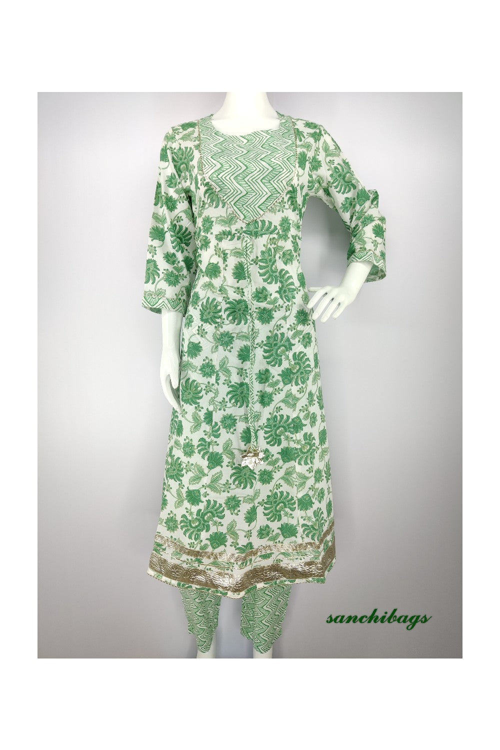 White and Green Salwar Set