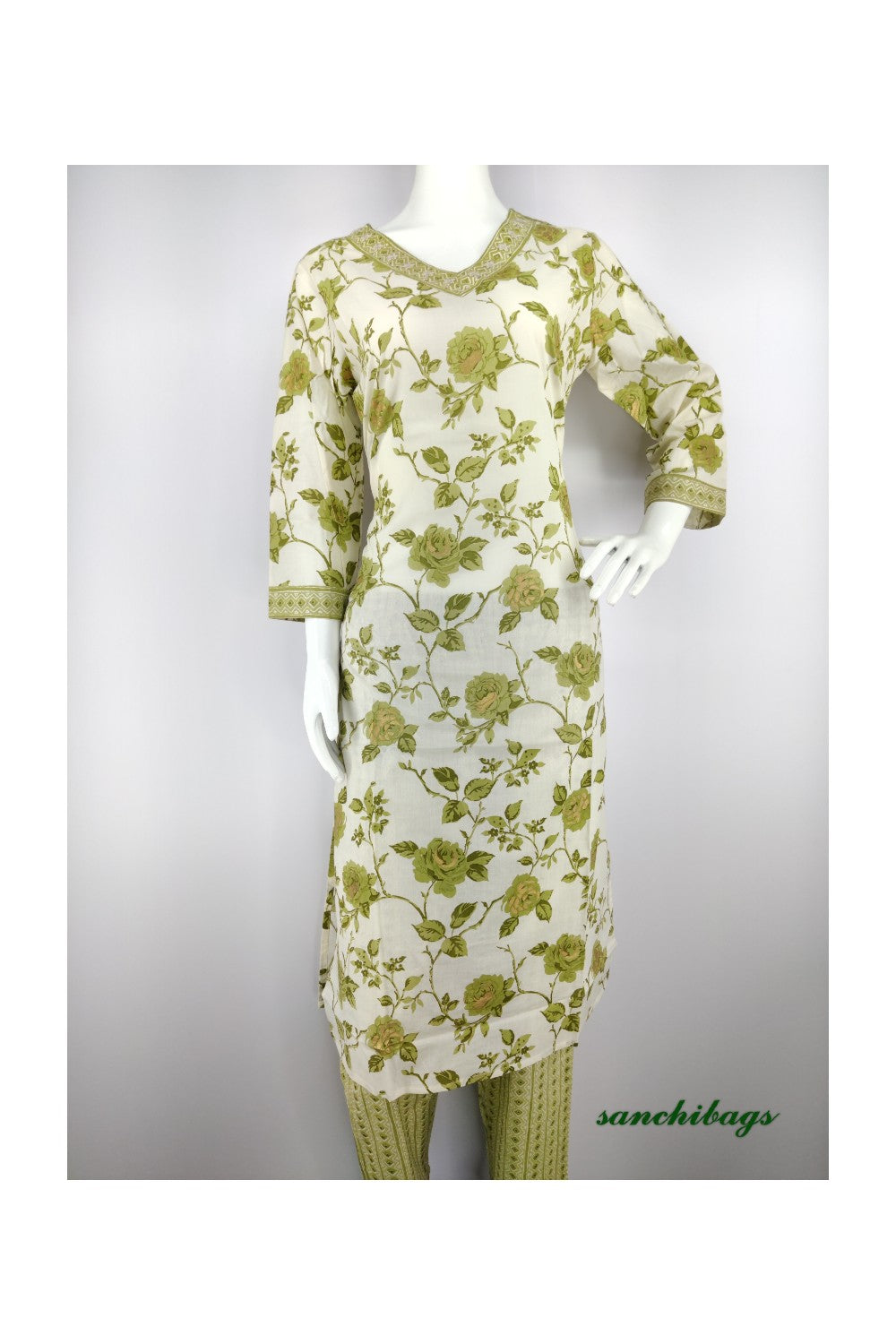 White Salwar Set with Green Floral Print